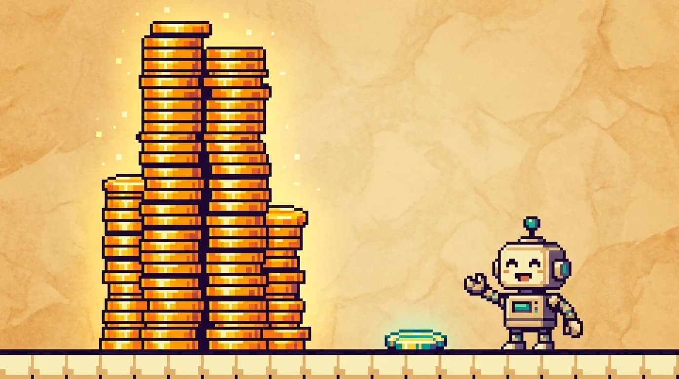 Pixel art bar chart on parchment: one towering stack of gold coins labeled with a large price, beside a tiny stack barely one coin high labeled with a fraction of it, with a small robot standing next to the tiny stack looking pleased