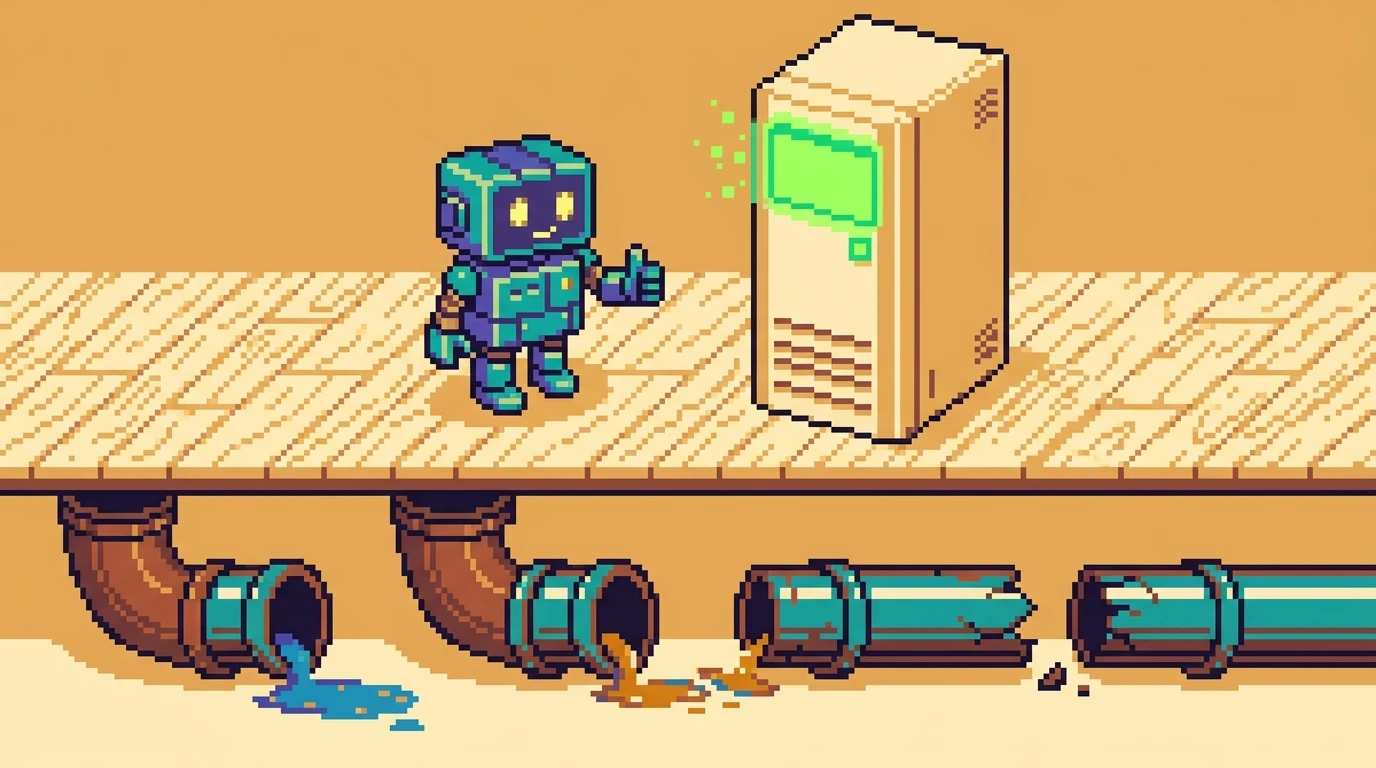 Pixel art cutaway on parchment: a small robot stands beside a server showing a bright green 200 OK badge, looking satisfied, while below the floorboards three pipes feeding into it are quietly disconnected and leaking, with Slack, sandbox, and git icons stranded on the far side of the gaps