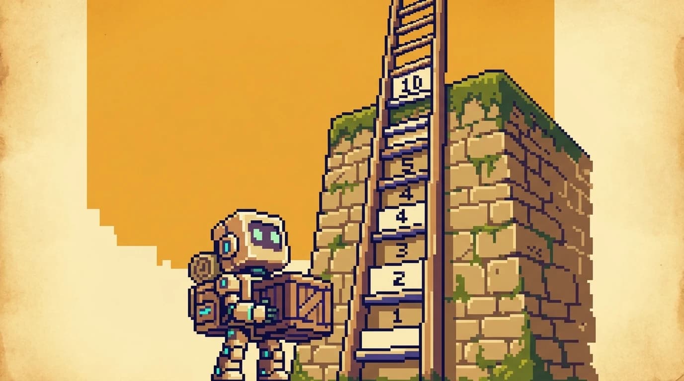 Pixel art of a small robot carrying a shipping crate up to a raised platform labeled with a version number, finding the platform edge far above its head, while a tall ladder of numbered rungs stretches up beside it