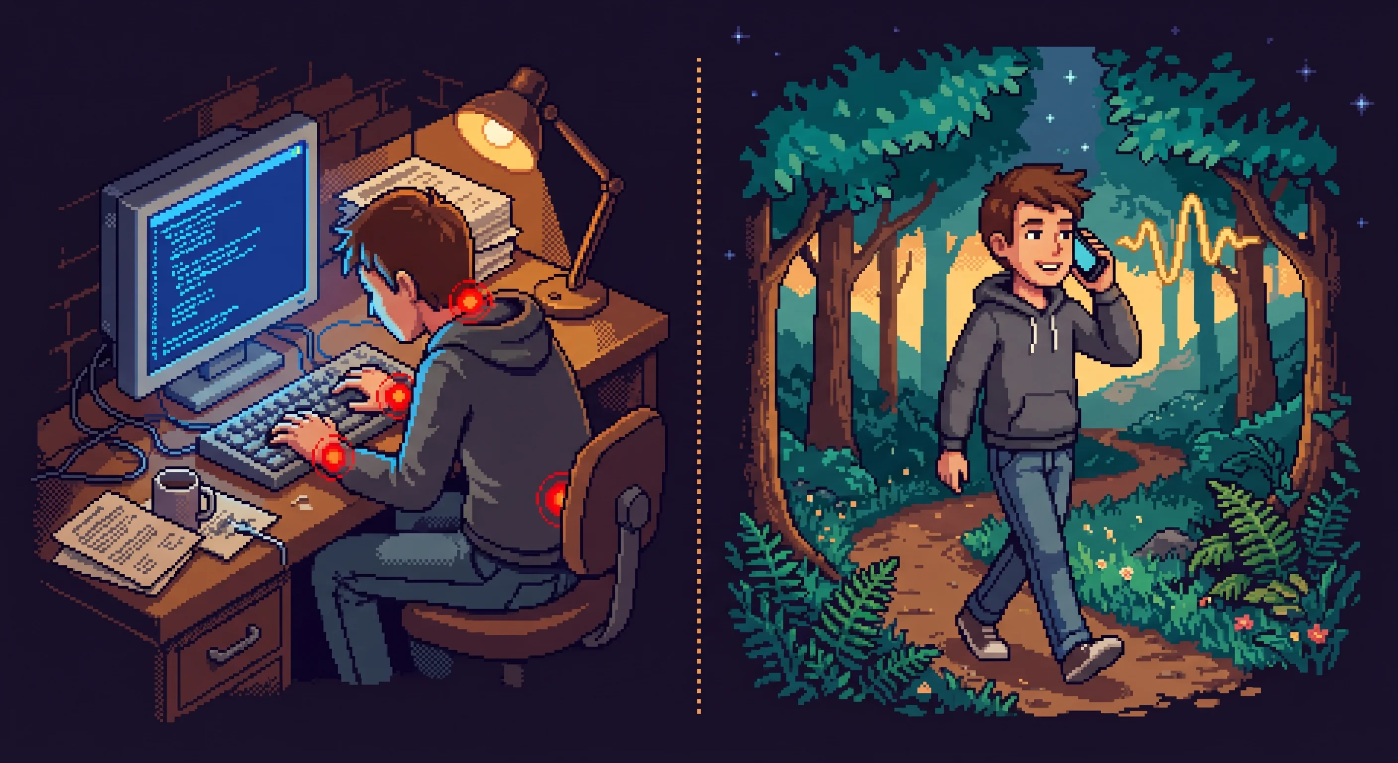 Pixel art split scene showing a developer hunched at a desk with red pain indicators on the left, versus the same developer walking a forest trail with golden voice waves on the right