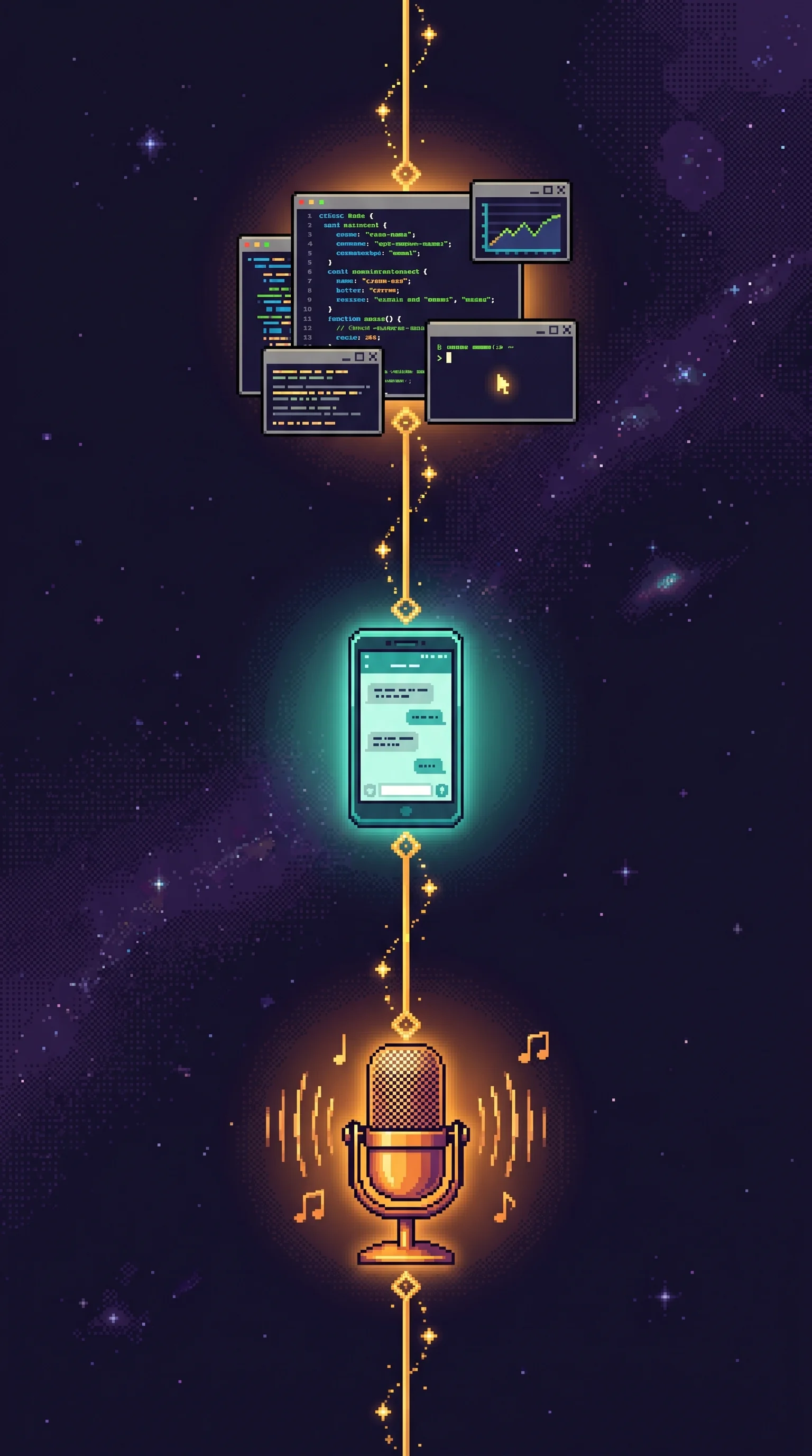 Pixel art of a vertical stack of glowing tool icons — microphone, phone with chat, and code windows — connected by golden lines with sparkle particles flowing upward