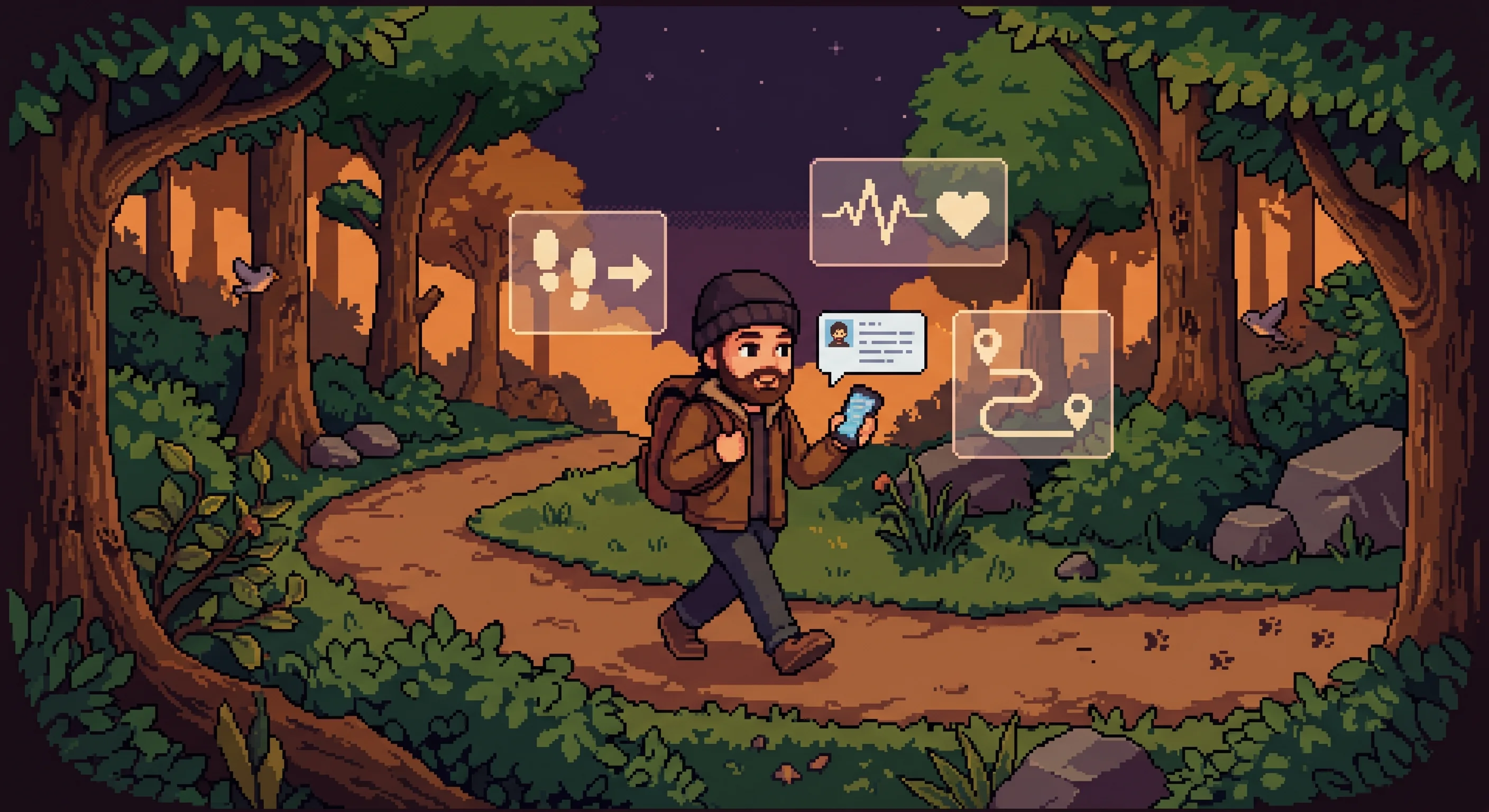 Pixel art of a developer walking on a forest trail at golden hour with translucent health data panels floating around them and a phone with a chat window in hand