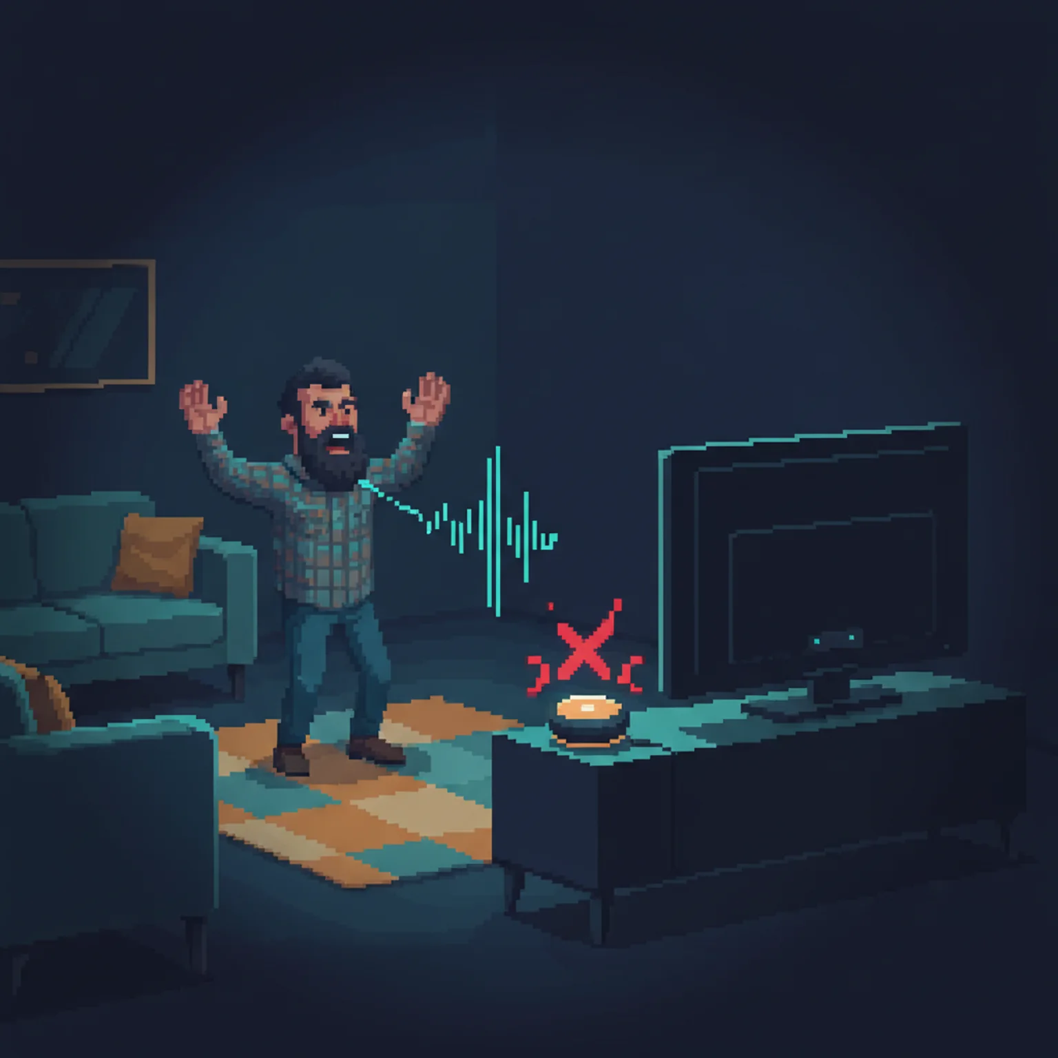 Pixel art of a HomePod mini glowing on a shelf next to a television that is playing a show, a voice command floating toward it, and the response coming back as a dim error glyph instead of an action