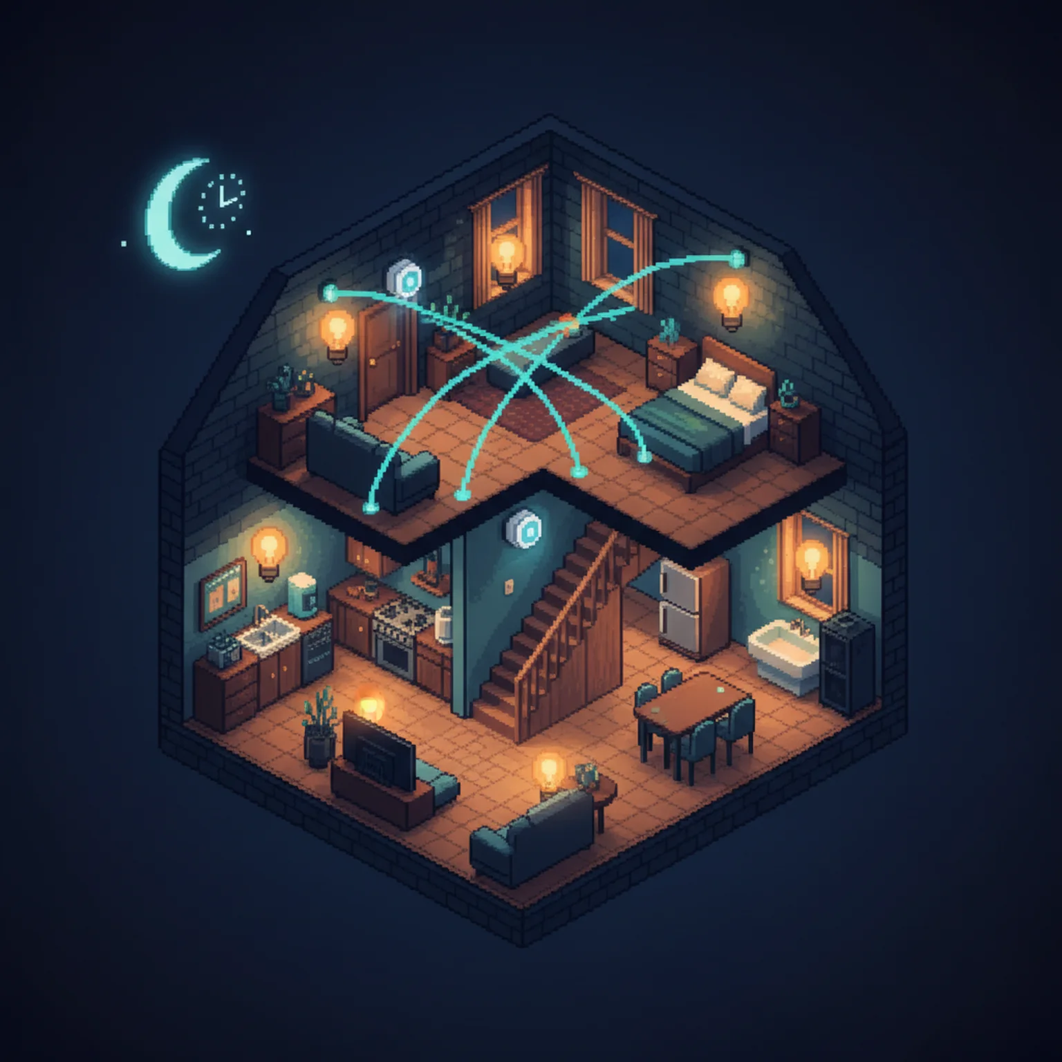 Pixel art blueprint-style floor plan glowing on a dark background, with dotted lines marking planned additions: motion sensors in hallways, smart light bulbs in each room, and arrows connecting sensors to lights