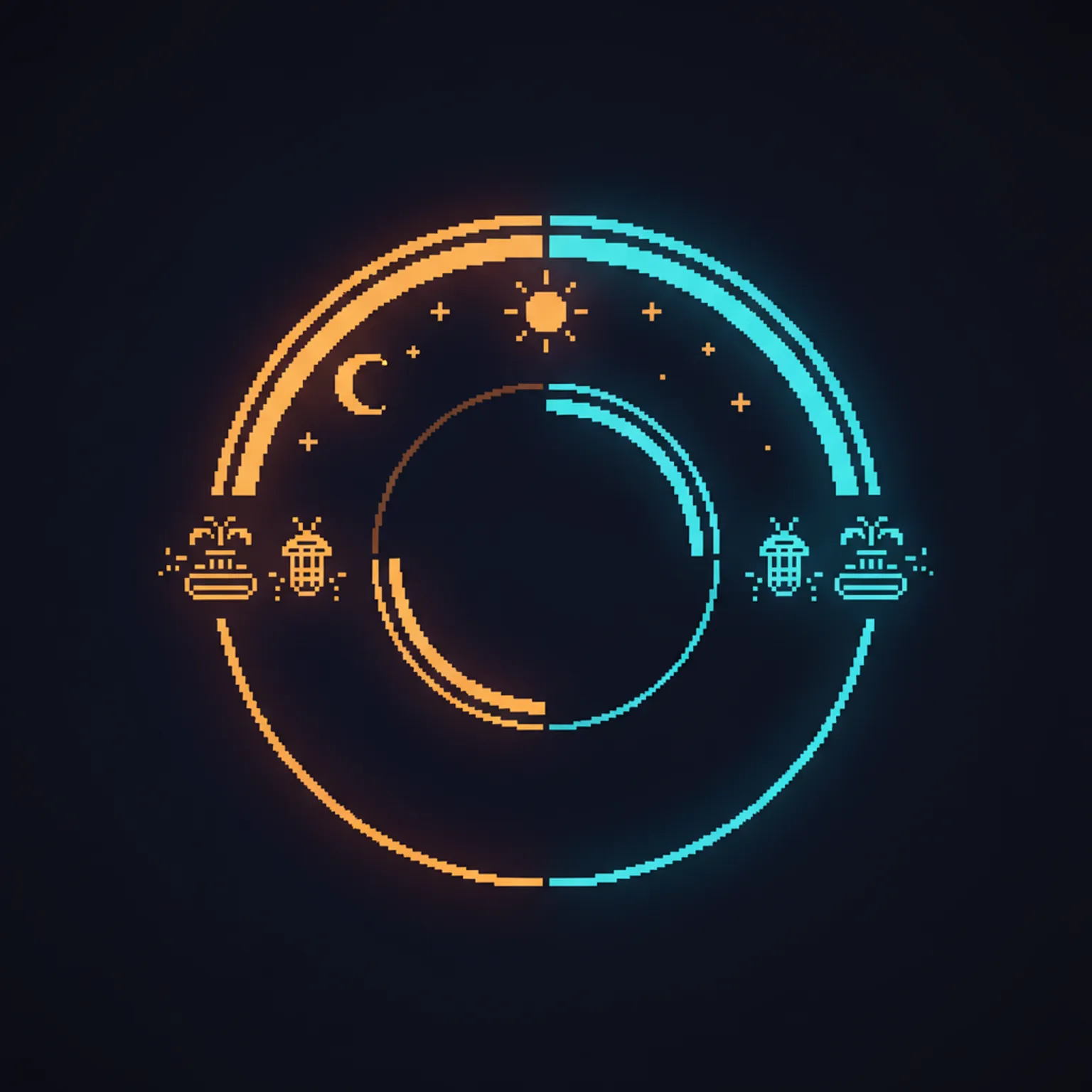 Pixel art timeline showing a 24-hour clock cycle: at 10 PM a water fountain and bug zappers switch on, at 7 AM they switch off, with a moon and stars on the night side and a sun on the day side