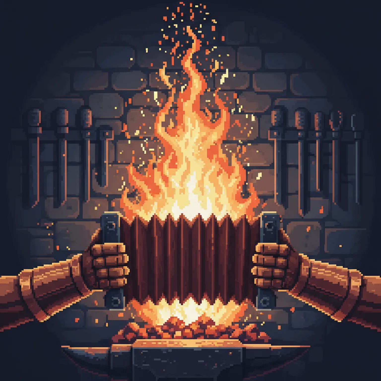 Pixel art of two strong hands working a great leather bellows, feeding air into a forge fire that flares from dull coals into a tall bright flame