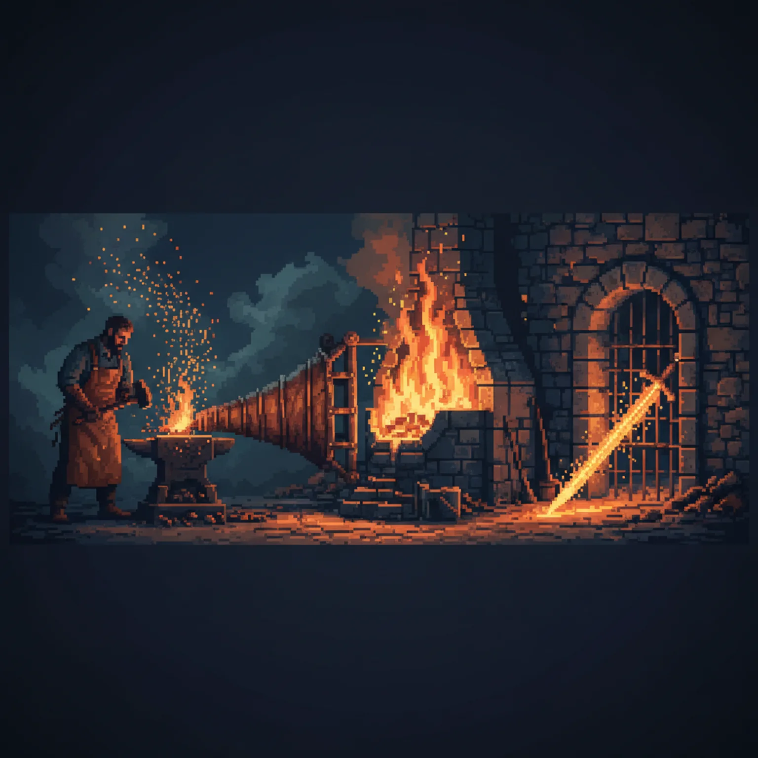 Pixel art of a lone blacksmith working a glowing forge at night, sparks flying from the anvil, the bellows and fire behind, a finished blade glowing nearby