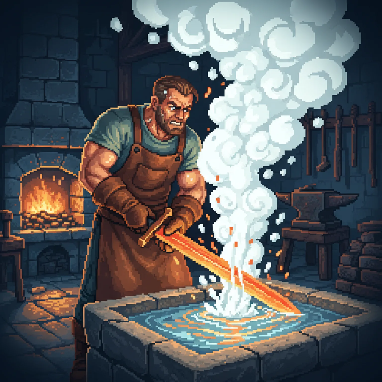 Pixel art of a blacksmith plunging a glowing hot blade into a stone trough of water, a cloud of white steam hissing up, ember light reflecting in the liquid