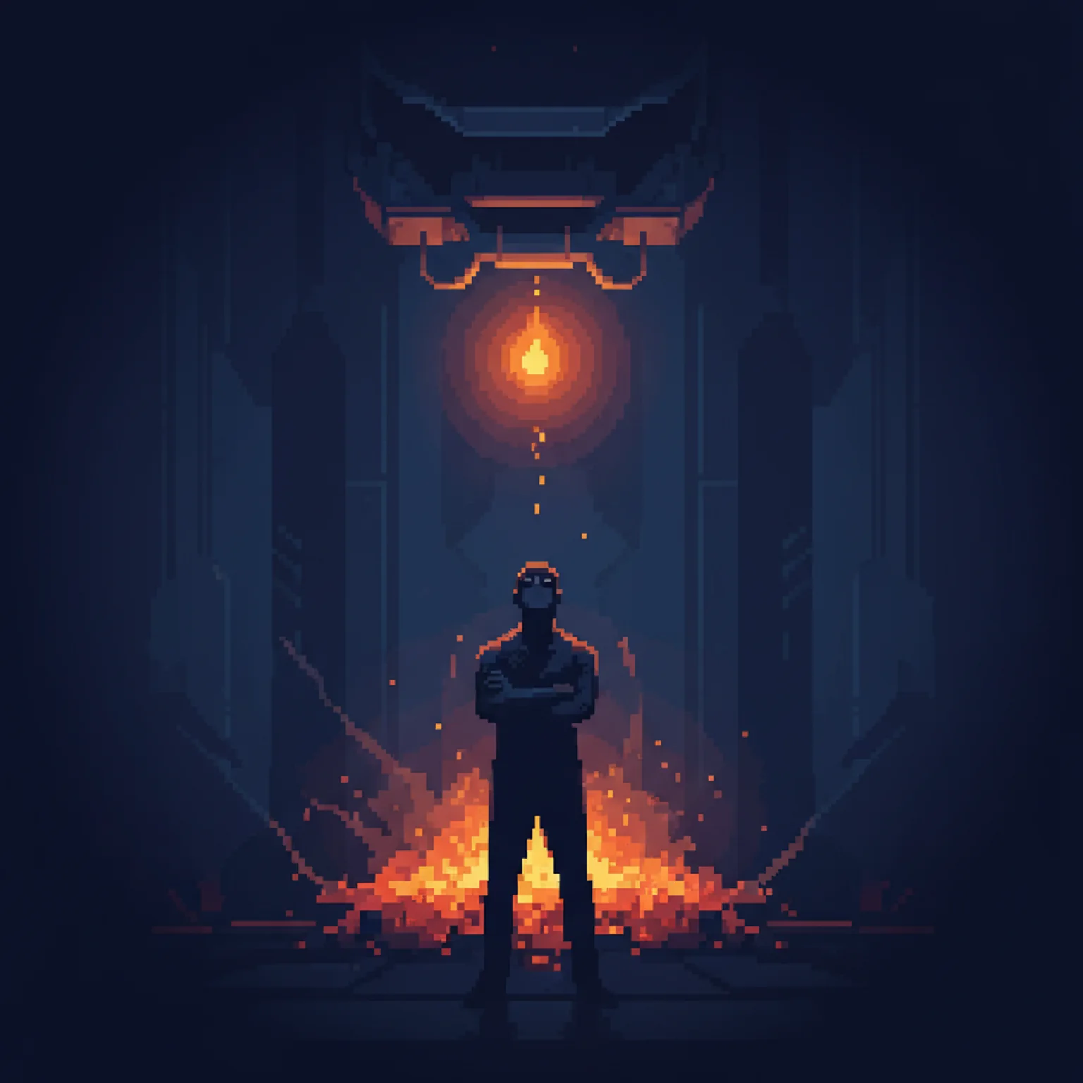 Pixel art of a single bright ember rising from a dark forge, a silhouetted figure watching it, the spark glowing amber against deep blue night