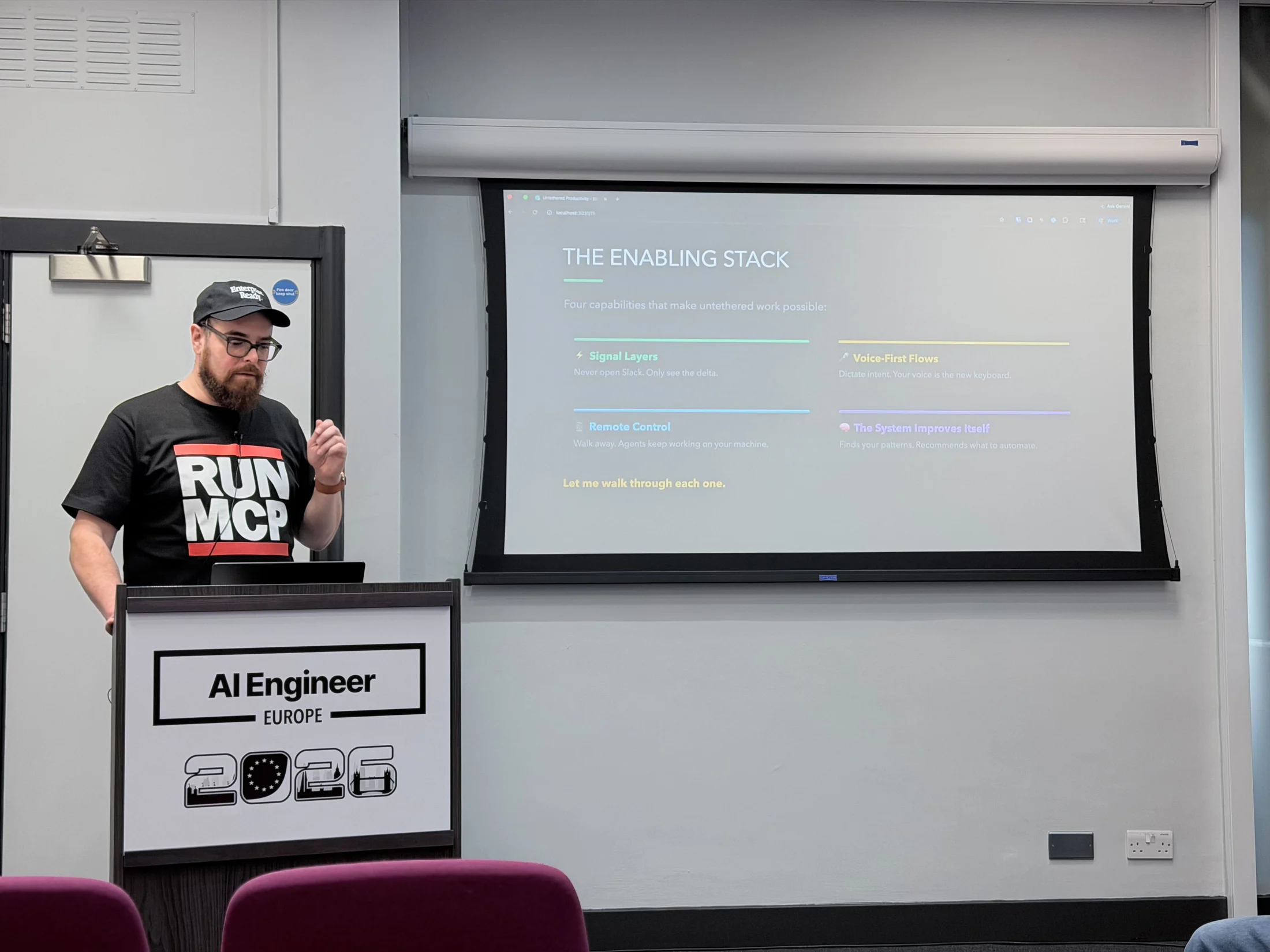 Zack presenting his Untethered Productivity talk at AI Engineer Europe in London.