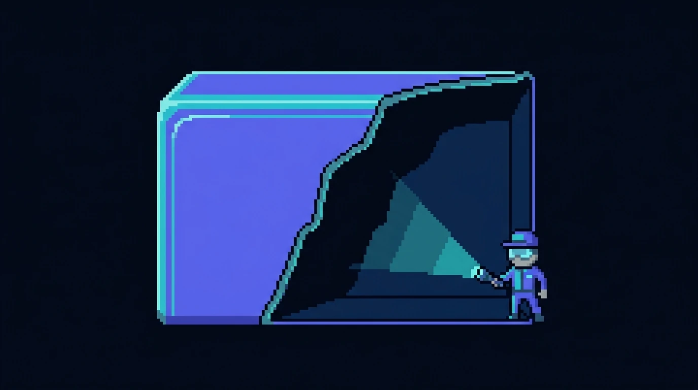 Pixel art cutaway of a gleaming polished metal panel that is hollow inside, a small inspector with a flashlight peering into the empty cavity behind the shiny veneer