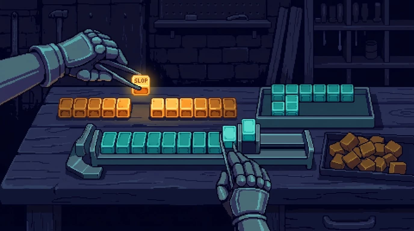 Pixel art workbench: a sentence laid out as movable type, one glowing amber slop word lifted out with tweezers while the whole strip is re-set from scratch in a composing stick beside it, clean teal type emerging