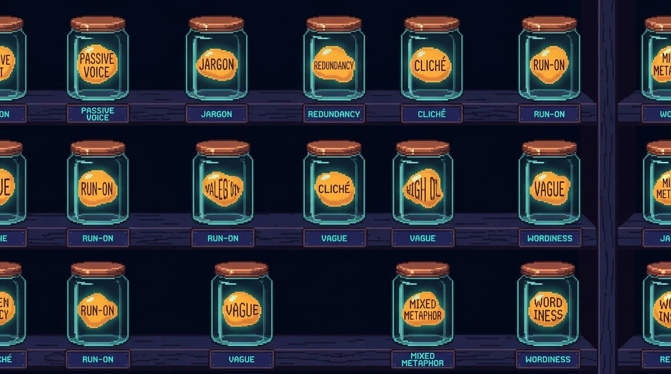 Pixel art grid of labeled specimen jars on a dark shelf, each holding a glowing amber phrase-blob: a throat-clearing opener, a negate-then-assert contrast, a list of three, a cluster of em-dashes, like a museum of writing tells