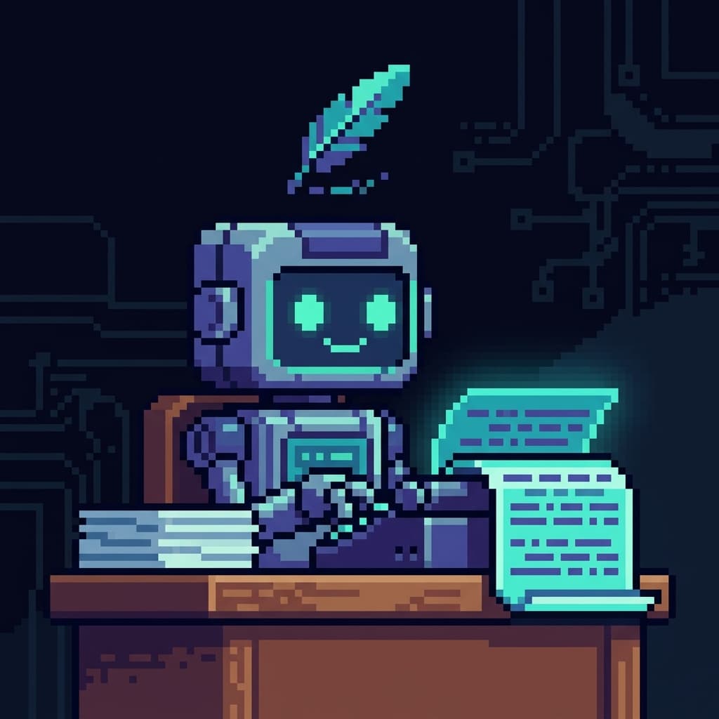 Pixel art portrait of a friendly robot writer at a small desk typing a glowing article, a stack of finished pages beside it and a quill icon above