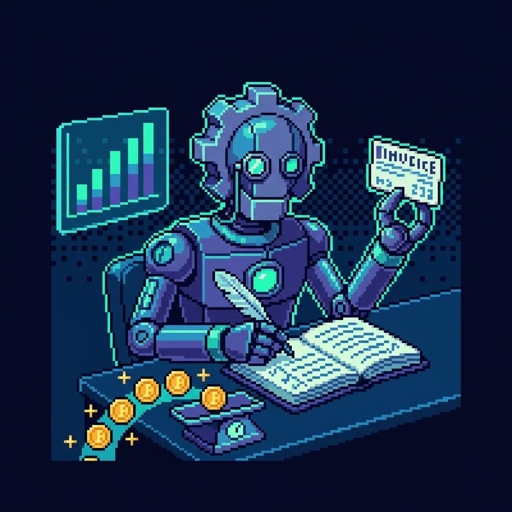 Pixel art portrait of a meticulous robot accountant matching incoming transactions against ledger line items and holding up an invoice card