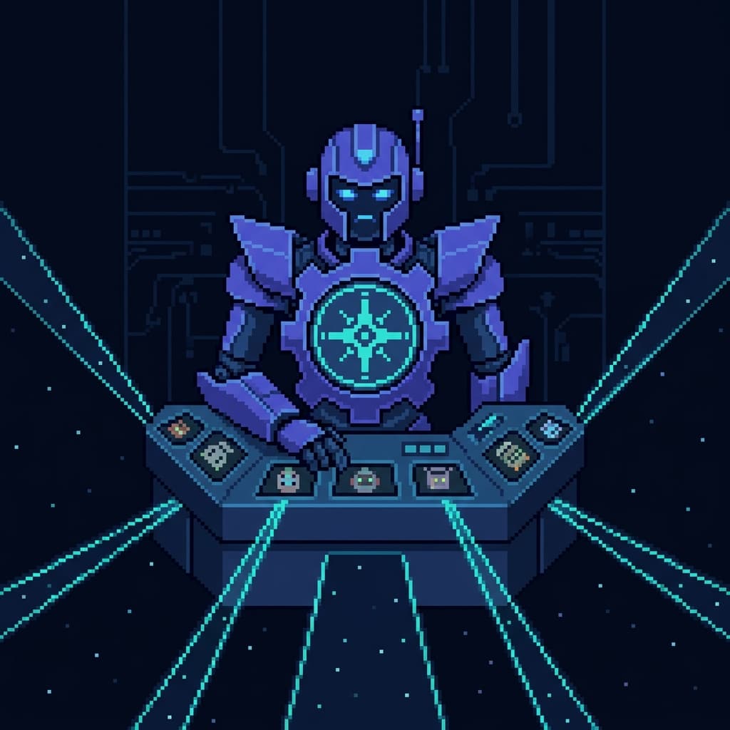 Pixel art portrait of a compass-shaped orchestrator robot at a central command desk with many small screens, each showing a specialist teammate, light-lines running out to the edges of the frame