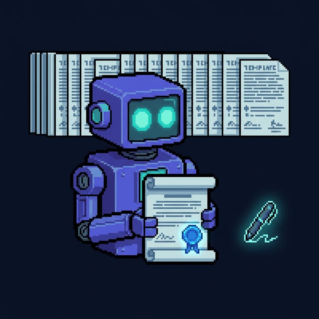 Pixel art portrait of a robot legal clerk holding a freshly minted sealed contract with a row of uniform template pages behind it