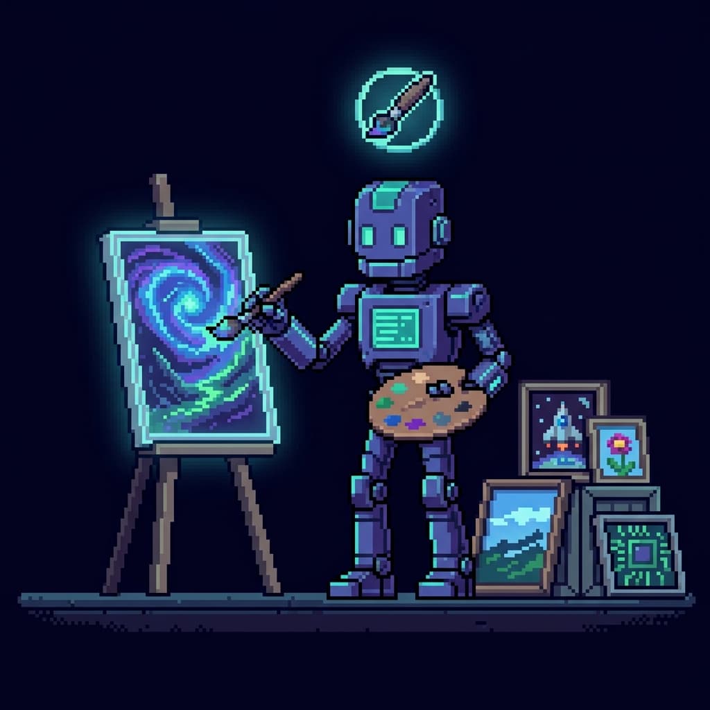 Pixel art portrait of a robot artist at an easel painting a glowing framed picture, with a stack of finished pixel-art canvases beside it and a paintbrush icon glowing above its head