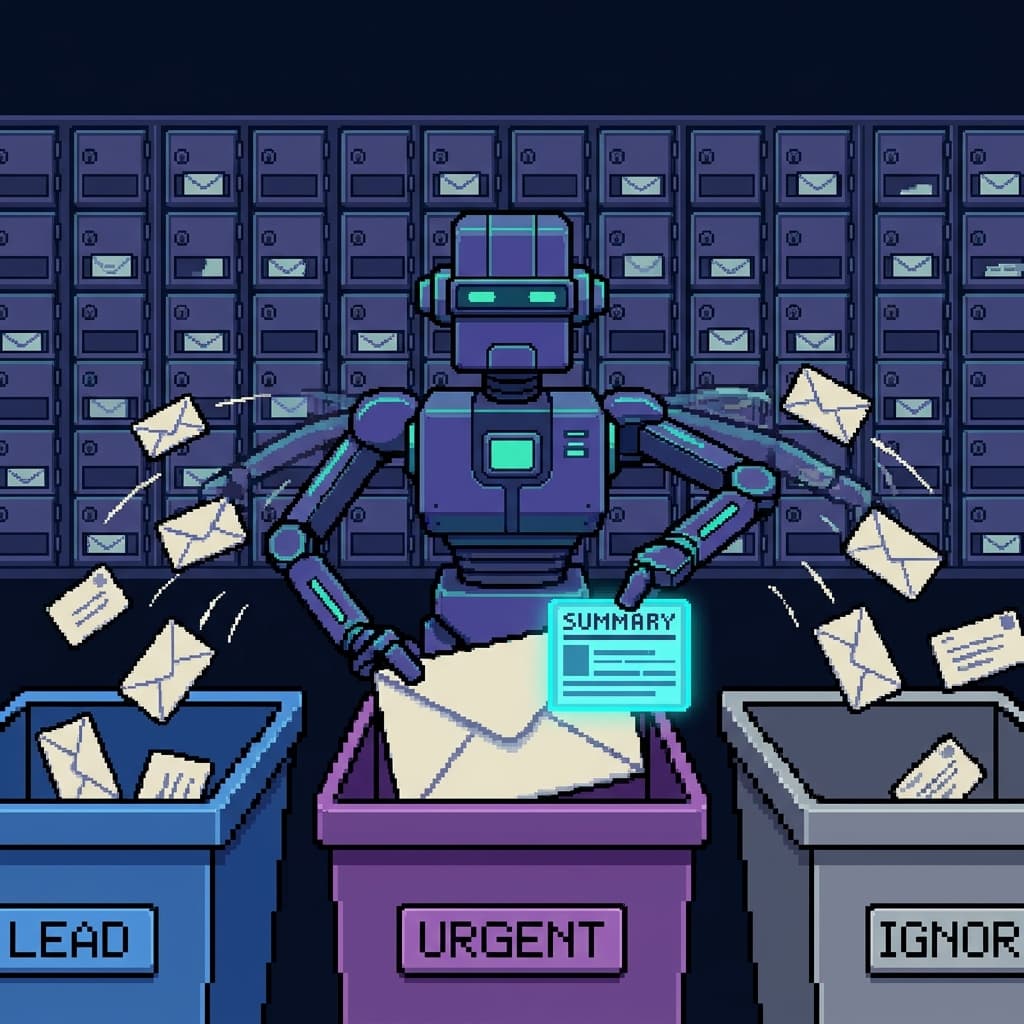 Pixel art portrait of a robot mail clerk sorting incoming envelopes into labeled bins and pinning a short summary card to the most important one