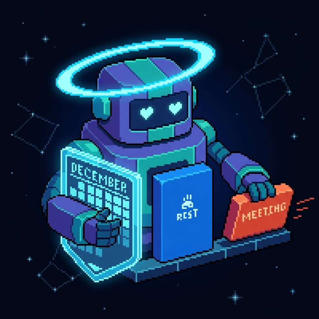 Pixel art portrait of a guardian robot holding a glowing calendar shield with a heart-rate ring orbiting its head, placing a protected rest block onto a schedule