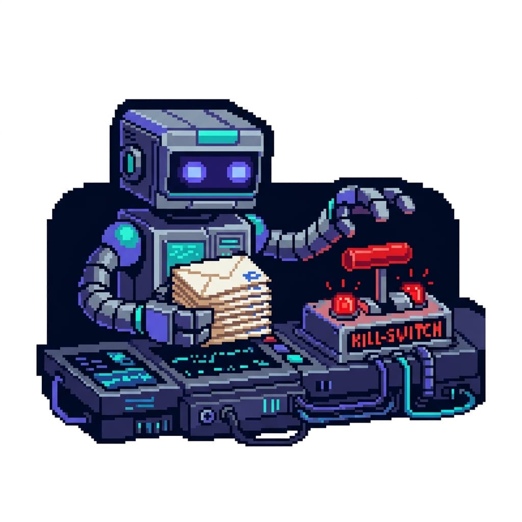 Pixel art portrait of a robot marketer at a console holding email envelopes beside a large red physical kill-switch lever, hand hovering near it, waiting for a human go-ahead