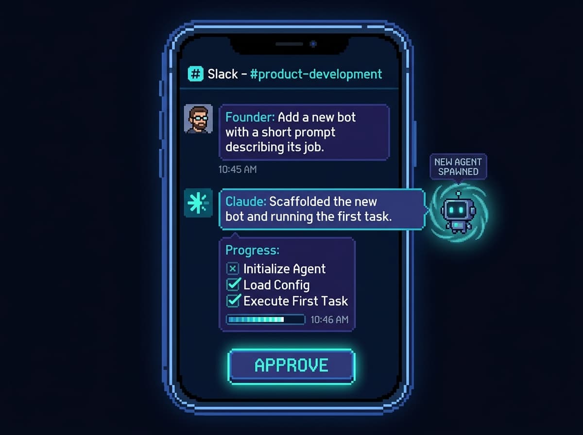 Pixel art of a simulated Slack thread on a phone: a founder asks to add a new bot with a short prompt, the Claude bot replies that it scaffolded the bot and is running the first task with a ticking checklist, a newly spawned little robot appears to the side, and a glowing Approve button sits at the bottom