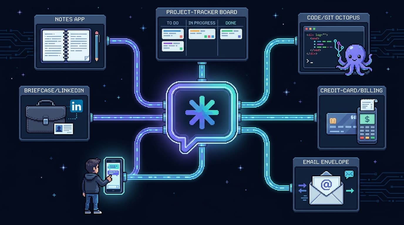 Pixel art of a central glowing Slack chat bubble marked with a Claude spark icon at the hub, light-lines radiating out to labeled control surfaces — a notes app, a LinkedIn badge, a project board, a git octopus, a billing terminal, an email envelope — with a small founder feeding instructions in from a phone