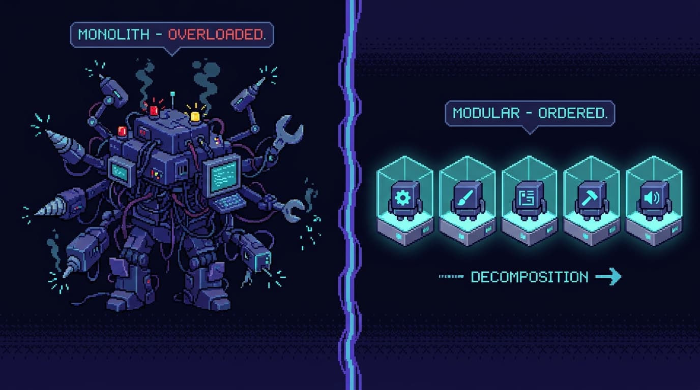 Pixel art contrasting one overloaded tangled monolith robot trying to do every job at once against a tidy row of small single-purpose robots, each in its own walled cubicle with one tool