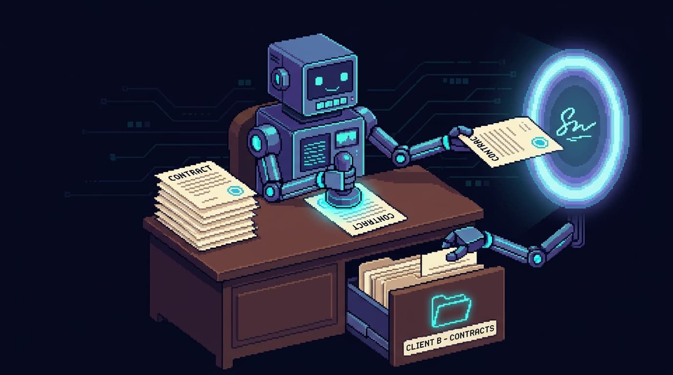 Pixel art of a robot clerk assembling a formal contract from uniform templates, stamping it with a seal, sending it through a glowing signature portal, and filing a copy into a labeled client drawer