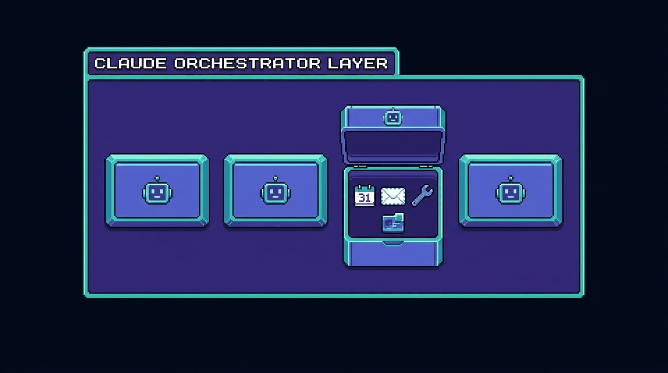 Pixel art nesting diagram: a large outer panel labeled as the orchestrating Claude layer holds a row of tool-buttons that are actually agents (each with a small robot face); one agent box is opened to reveal its own smaller set of tool icons inside — calendar, envelope, wrench — concentric clean boundaries like Russian dolls of scope