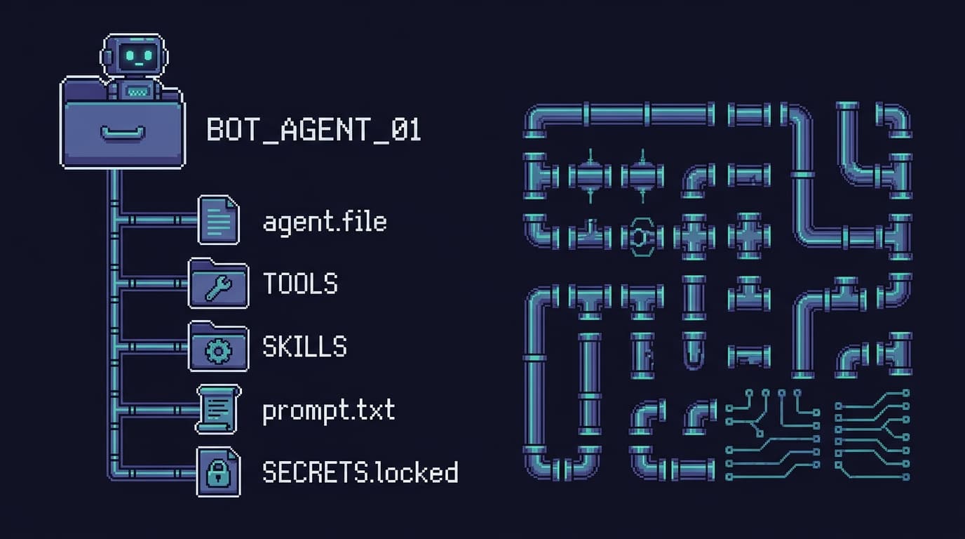 Pixel art of a tidy file explorer showing one bot's directory tree — an agent file, a tools folder, a skills folder, a prompt, and a small locked secrets file — with glowing pre-assembled pipes beside it, suggesting the framework already wired the plumbing, and a small robot resting on top of the folder