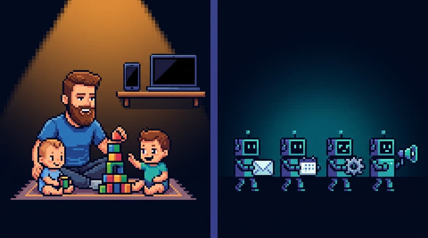 Pixel art split scene: on one side a bearded dad fully present on the floor playing with his two small toddlers while a phone and laptop sit dark and face-down on a far shelf; on the other side a tidy fleet of small robot workers quietly handling mail, calendar, and drafts on their own