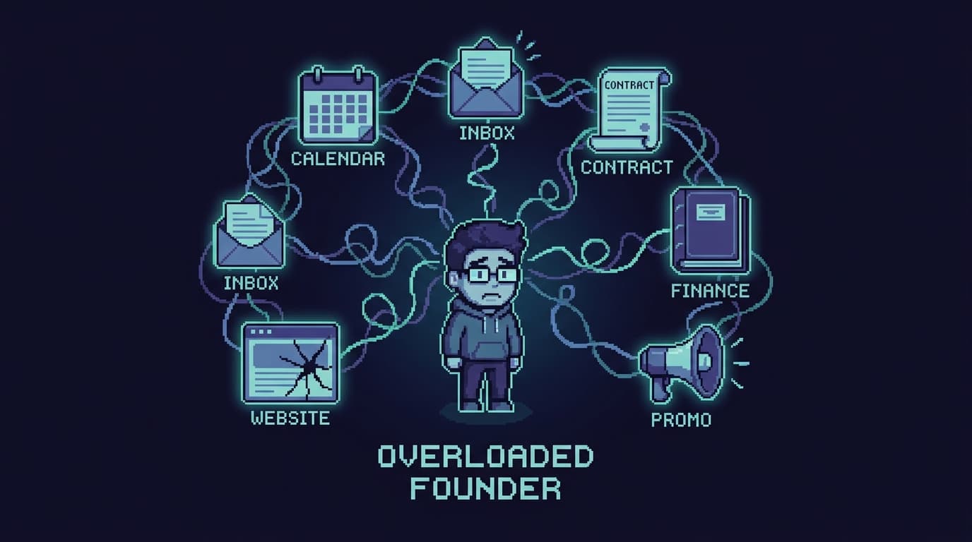 Pixel art of one overloaded founder at the center juggling every job of a small business at once: a calendar, an overflowing inbox, a contract scroll, a ledger book, a megaphone, and a cracked website window orbiting them, tangled with messy connecting strings