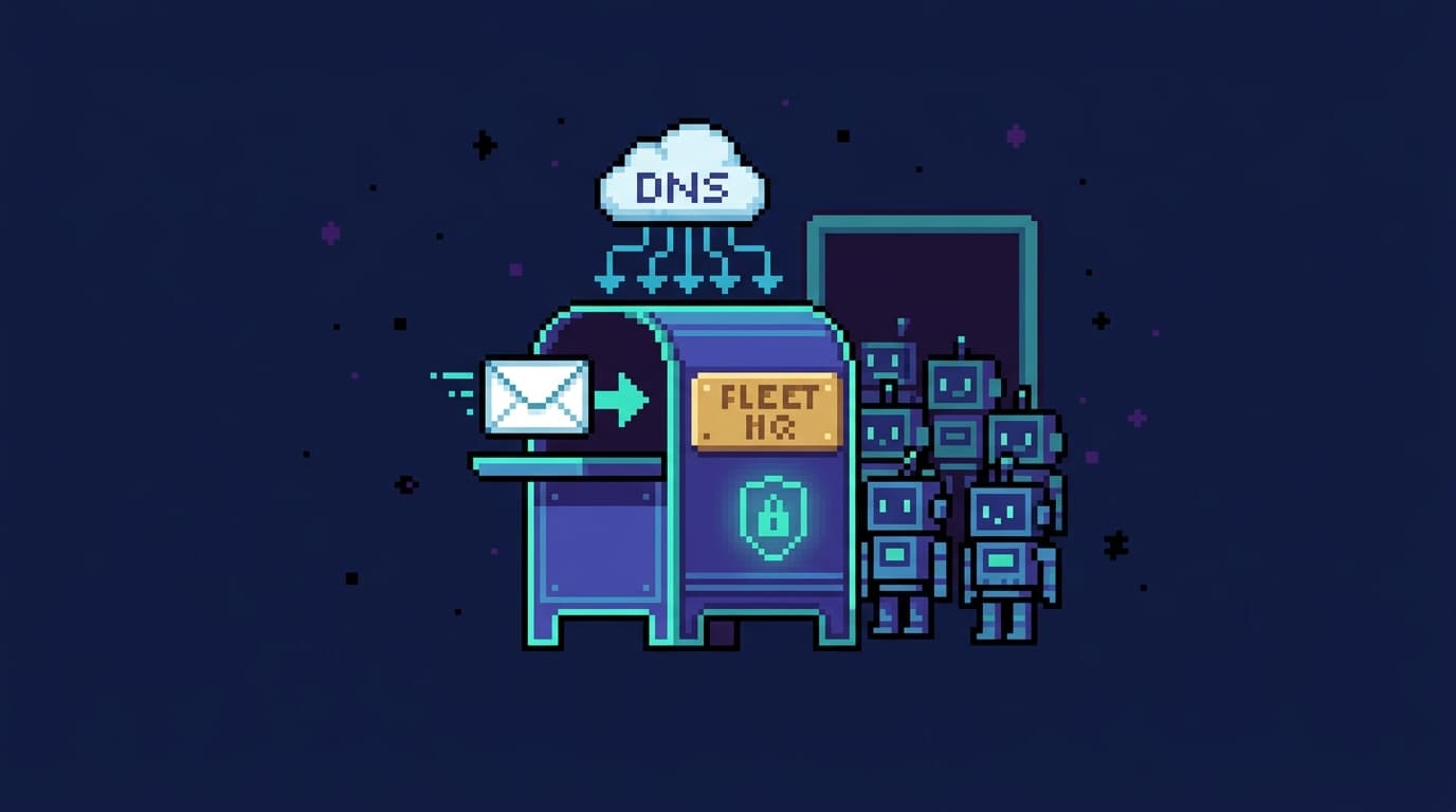 Pixel art of a glowing business mailbox with a nameplate and a lock icon, an envelope arriving through DNS routing arrows, with a cluster of small robot workers standing behind it as their shared front door