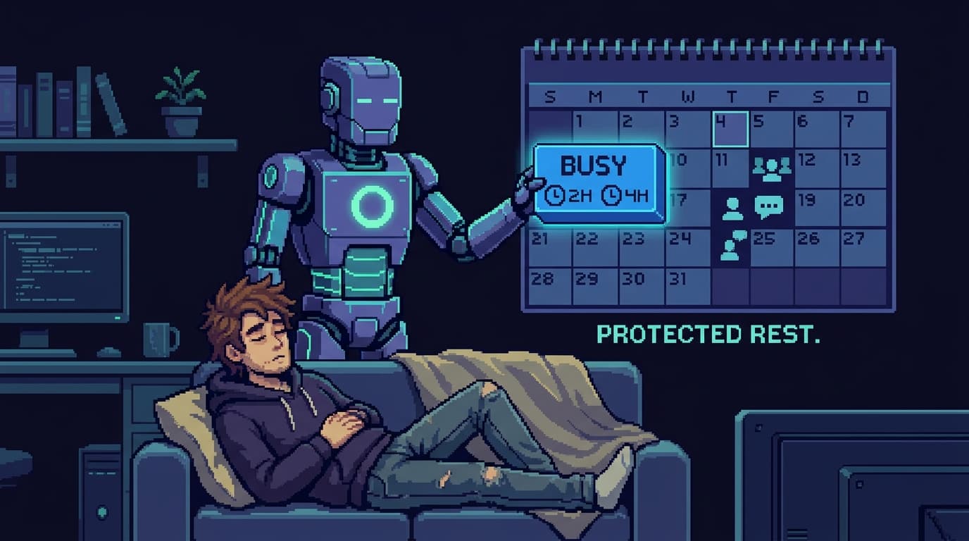 Pixel art of a tired founder lying down to nap while a calm guardian robot drops a glowing blue Busy block onto a wall calendar, carving out a protected rest window and sliding meetings aside, a small readiness ring glowing on its chest