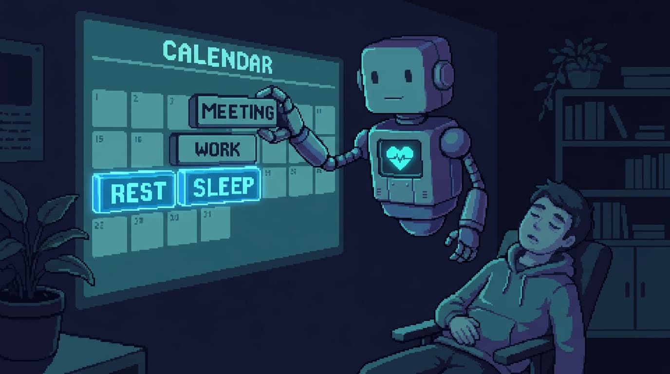 Pixel art of a calm robot assistant rearranging a person's daily schedule on a glowing calendar wall, sliding meetings aside and adding protected blue rest and sleep blocks while a small health ring glows on its chest