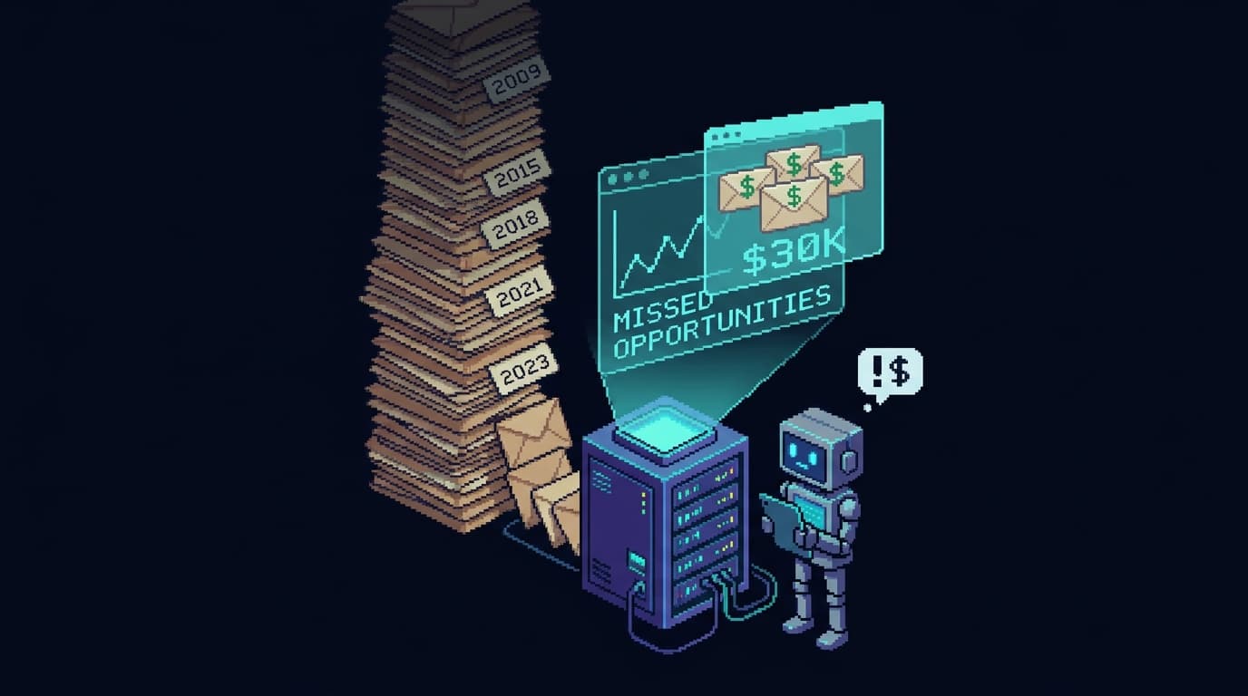 Pixel art of a robot querying a giant fifteen-year email archive feeding into a small database, with a glowing report popping out highlighting unanswered consulting requests and a $30K tally of missed income