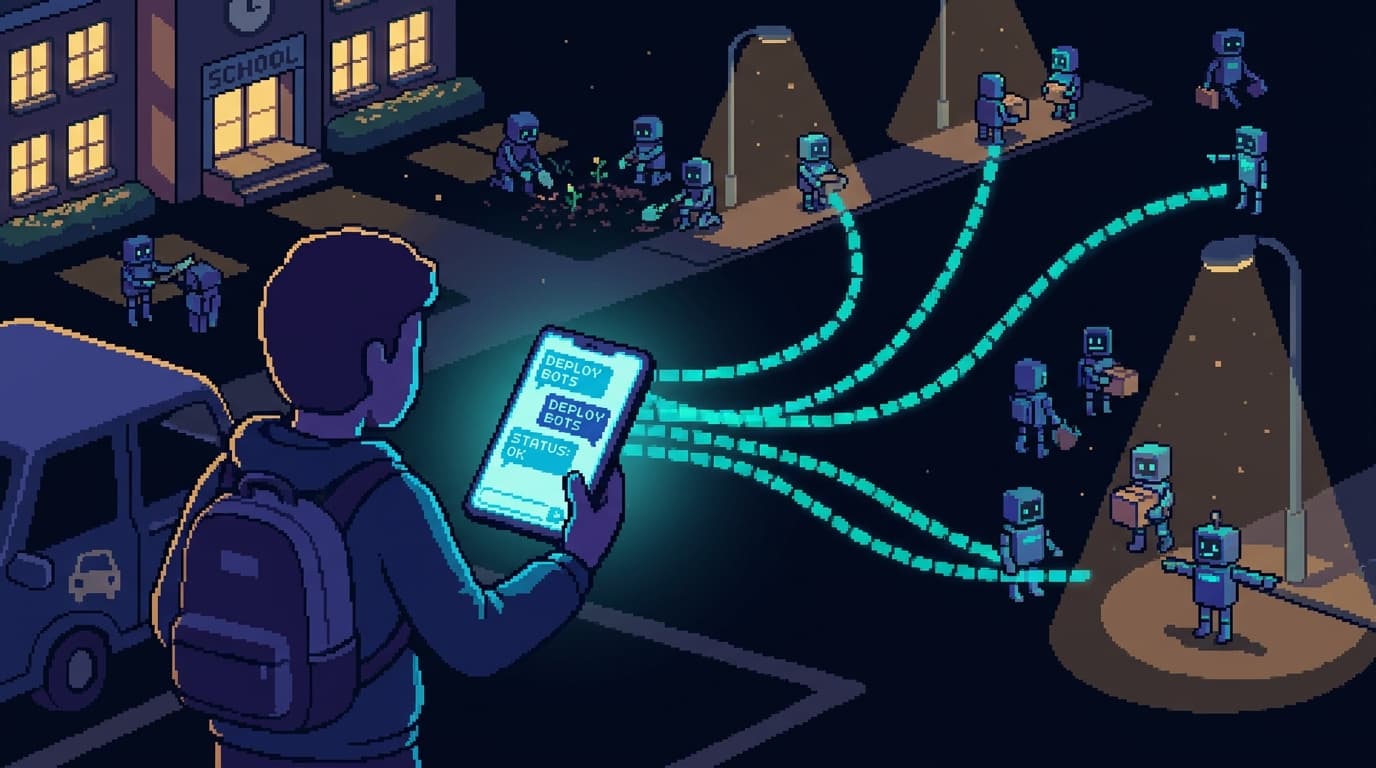 Pixel art of a parent standing in a school pickup line holding a phone showing a chat interface, with glowing threads reaching out to a fleet of small robot workers doing tasks in the background