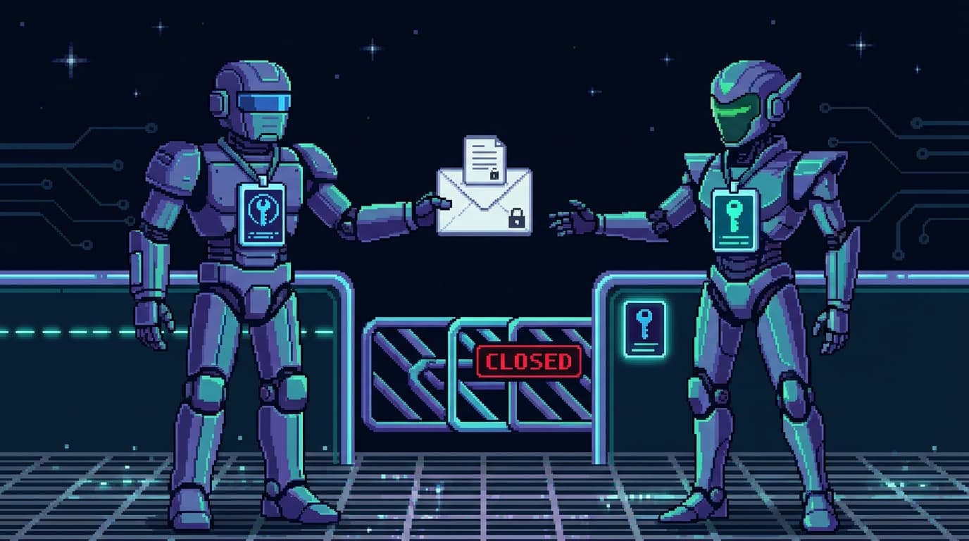 Pixel art of two robots passing a sealed typed contract-card across a glowing identity checkpoint, each wearing a unique key-badge, with a turnstile that only opens for the matching badge and no shared password between them