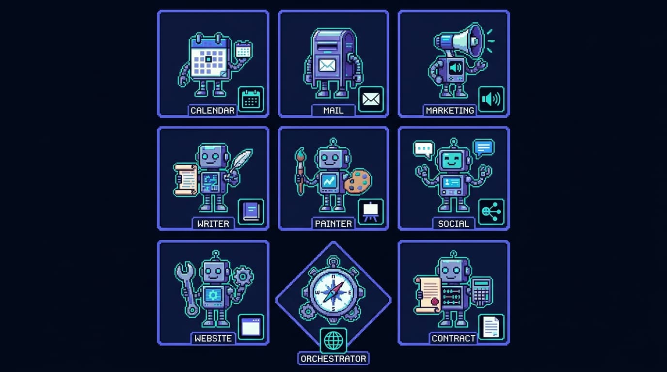 Pixel art roster grid of small labeled robot workers, each in its own tile with a single icon for its job — calendar, mail, megaphone, writer, painter, social, website-wrench, accountant, contract — with a compass-shaped orchestrator robot at the center-bottom, conveying one bot, one job