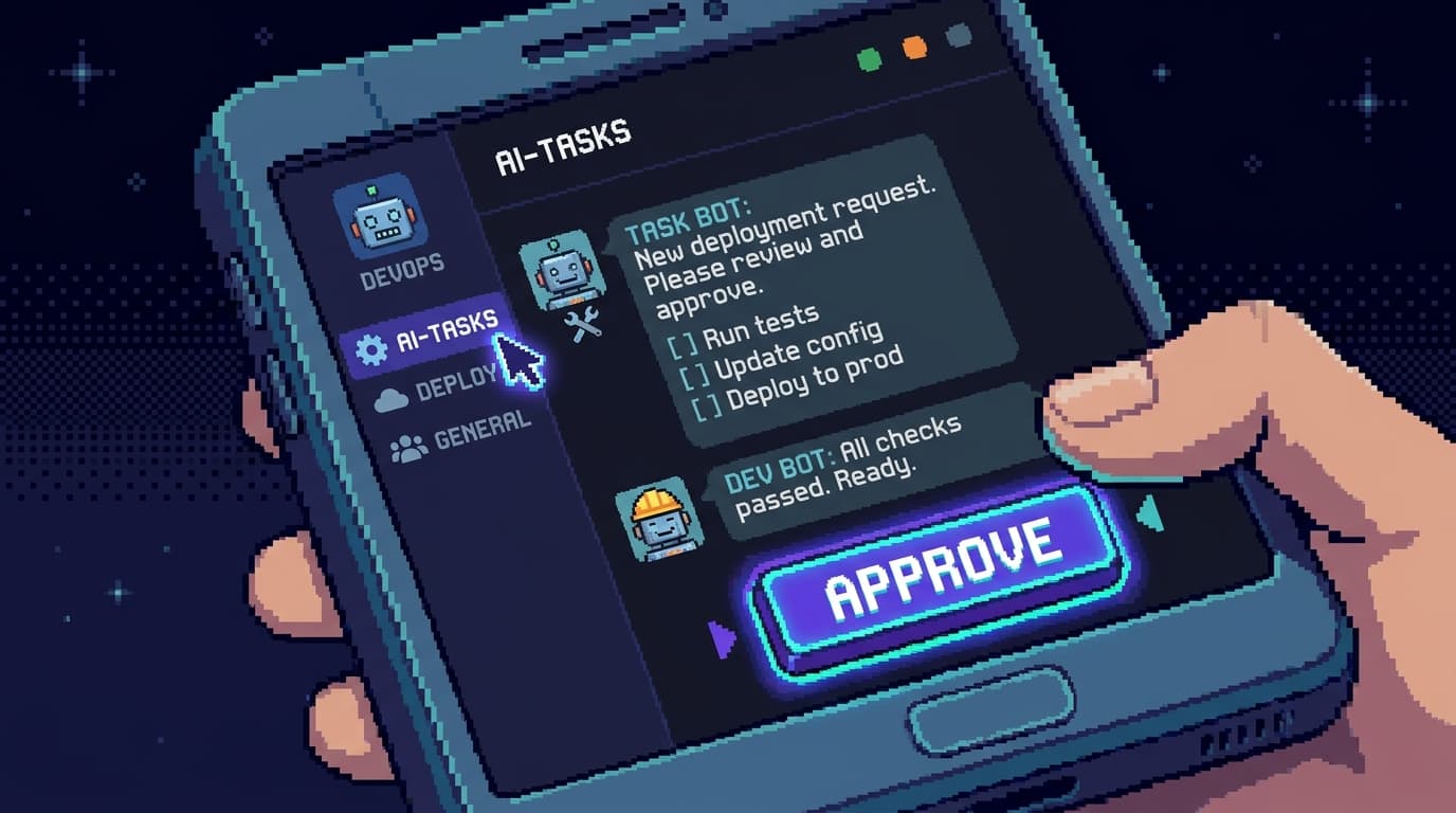 Pixel art of a phone held in one hand showing a Slack-style chat interface as the single control plane: a channel list, a thread where a small robot bot has posted a task with a checklist, and a glowing Approve button at the bottom of the thread