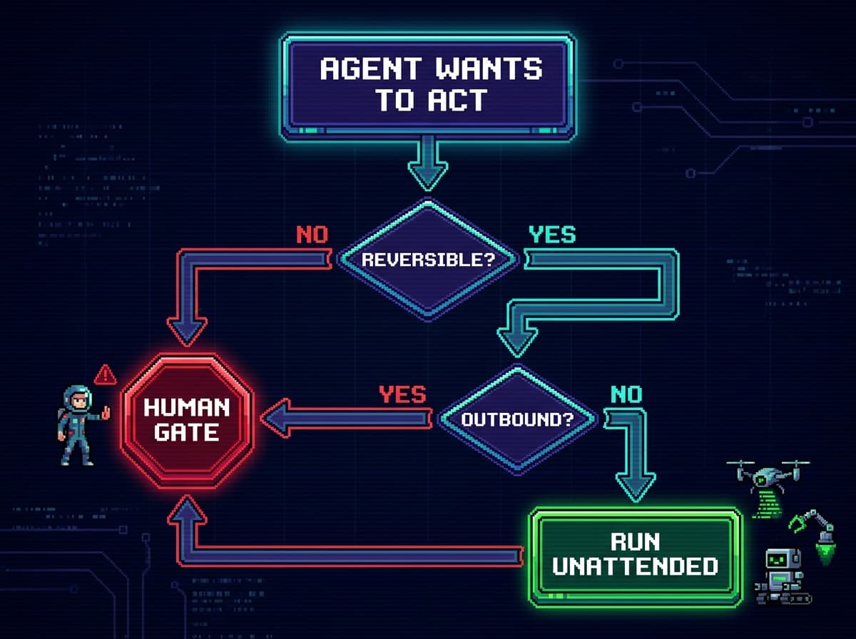 Pixel art decision-tree diagram. Top node: 'agent wants to take an action'. First branch: 'Is it reversible?' — NO routes down to a red 'STOP, human gate'. YES flows to second branch: 'Is it outbound (leaves my walls / reaches another person)?' — YES routes to the same red 'STOP, human gate'; NO flows to a green 'RUN UNATTENDED' node. The red gate node has a small human figure beside it; the green node has small robots.