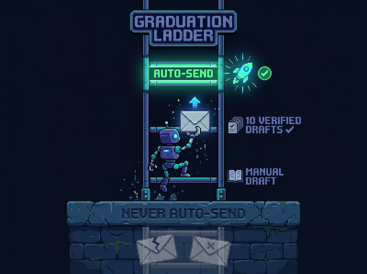 Pixel art of a ladder labeled 'graduation ladder': a category climbs rungs marked 'manual draft', then '10 verified drafts', then 'auto-send', while a hard floor at the bottom labeled 'never auto-send' holds back two greyed-out categories