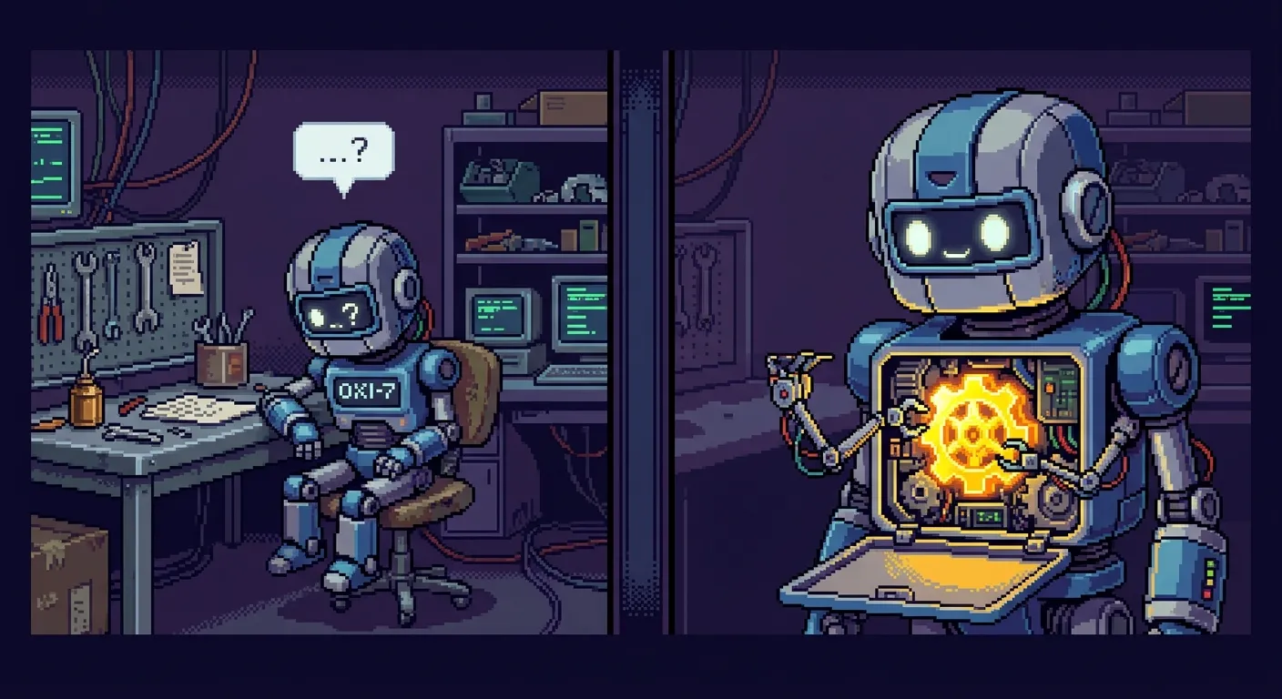 Pixel art split screen: left side shows a confused robot sitting at a desk with a thin speech bubble, right side shows the same robot with its chest cavity open revealing a glowing golden gear being adjusted by tiny robotic hands.