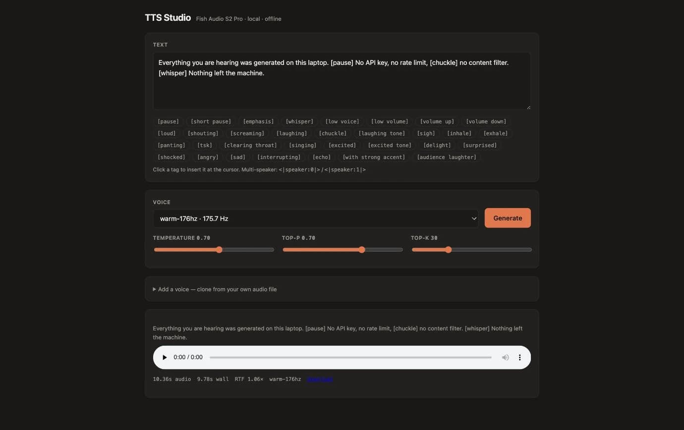 The local TTS Studio web app in dark mode. A text field contains the sentence 'Everything you are hearing was generated on this laptop. [pause] No API key, no rate limit, [chuckle] no content filter. [whisper] Nothing left the machine.' Below it a palette of delivery tags, a voice dropdown set to warm-176hz, temperature/top-p/top-k sliders, and a generated clip with an audio player reading 10.36s audio, 9.78s wall, RTF 1.06x