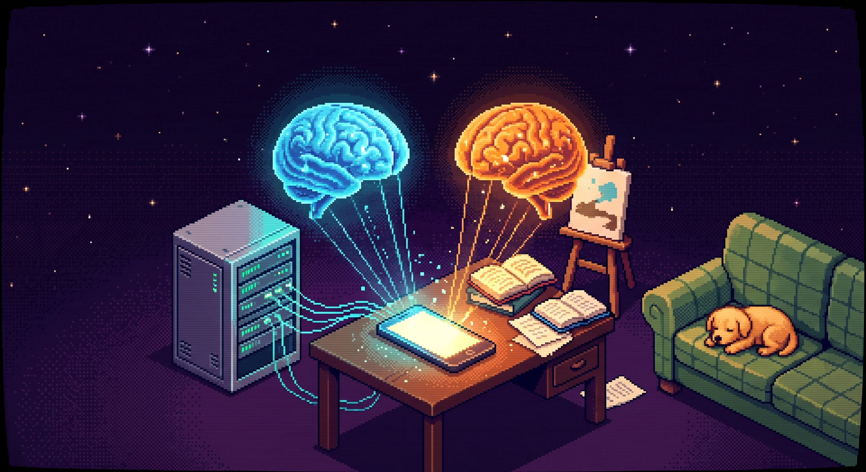 Pixel art of a phone controlling two AI brains — one for infrastructure, one for content