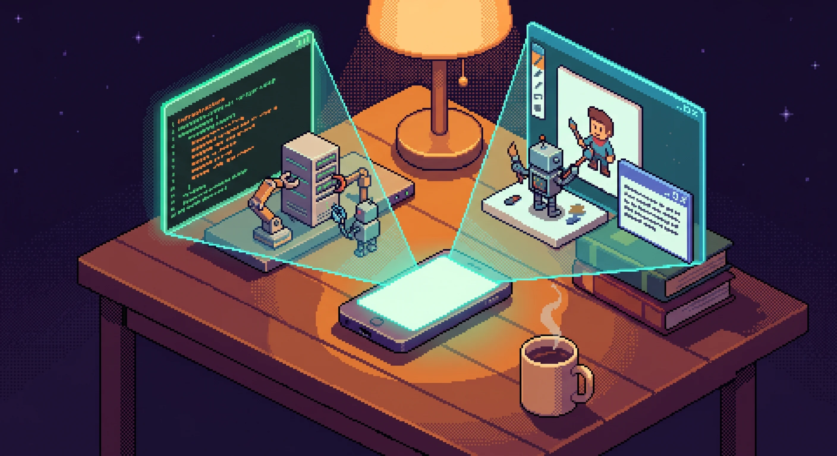 Pixel art showing two phones side by side — one with Discord chat, one with terminal commands