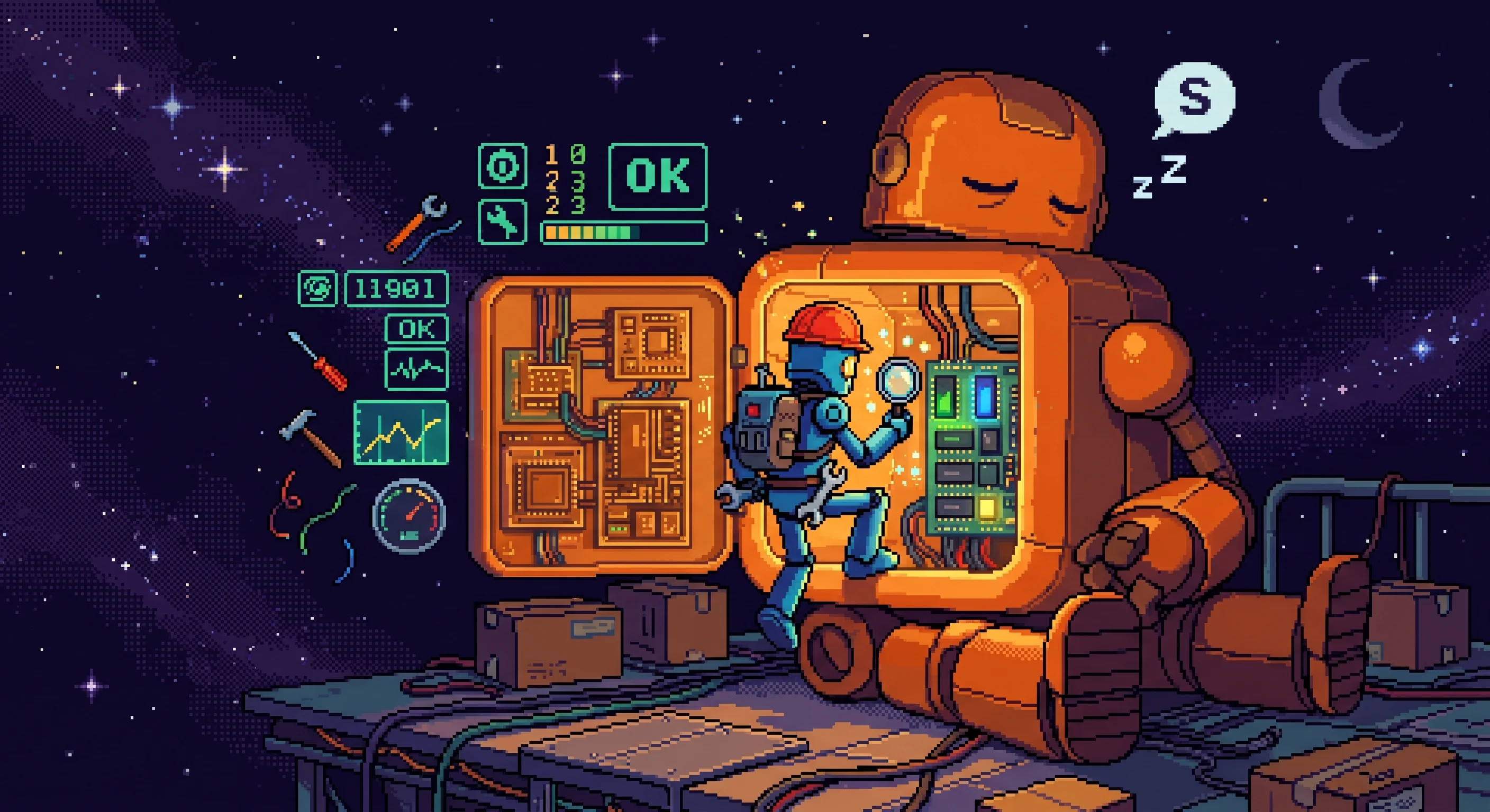 Pixel art of Claude Code SSHing into a server to inspect and repair Hermes