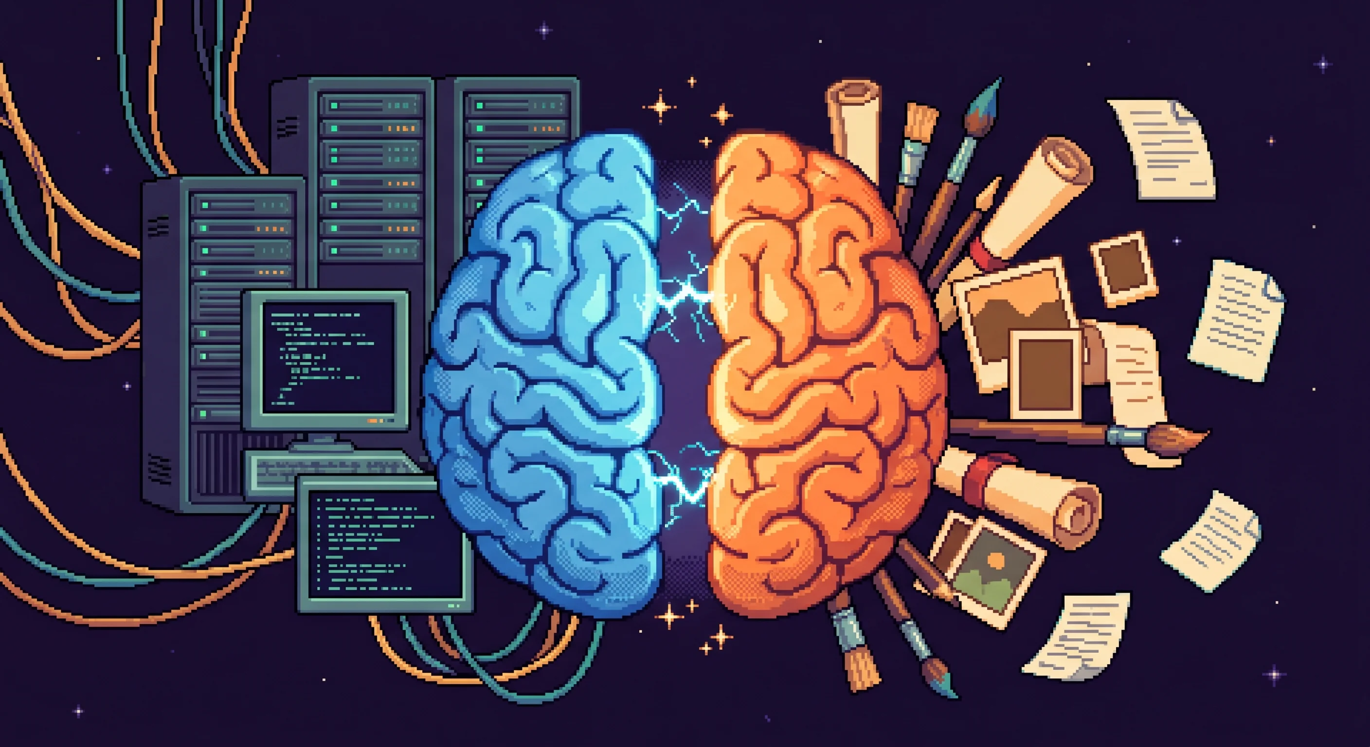 Pixel art split brain — blue infrastructure side with server racks, orange content side with documents and art