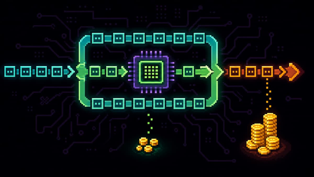 Pixel art on black showing repeated cyan and green context packets looping through a glowing cache chip and dropping only a few coins, beside a small orange uncached path dropping a much larger stack of coins
